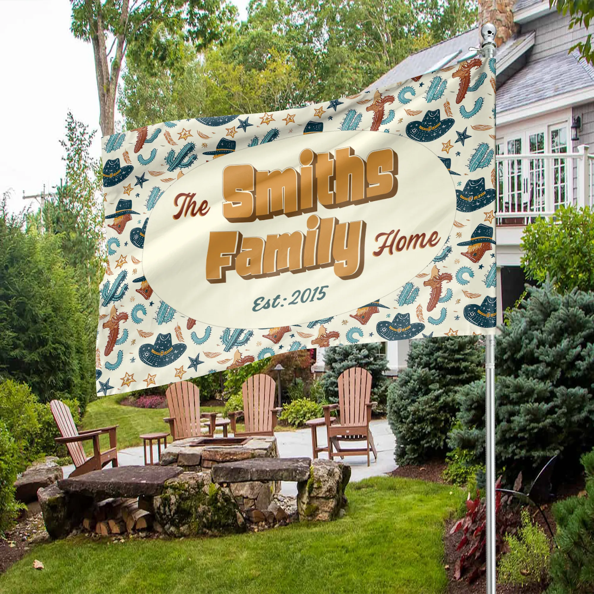Personalized House Flag, Customized Family Last Name and Established Year, American Cowboy Garden Sign, Double Sided, Multiple Sizes, UV resistant, Polyester Garden Yard, Outdoor Decoration