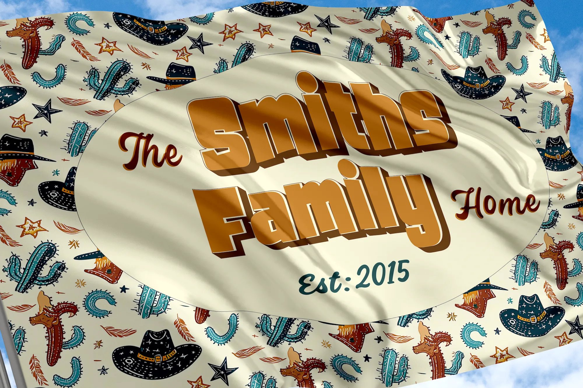 Personalized House Flag, Customized Family Last Name and Established Year, American Cowboy Garden Sign, Double Sided, Multiple Sizes, UV resistant, Polyester Garden Yard, Outdoor Decoration