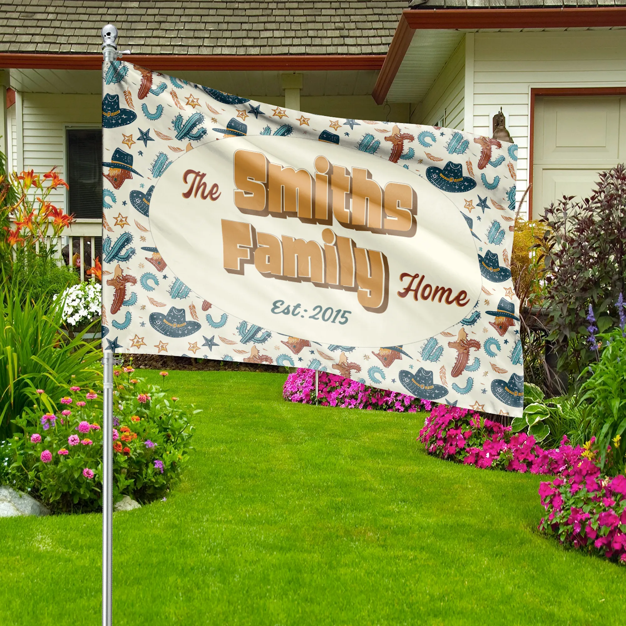 Personalized House Flag, Customized Family Last Name and Established Year, American Cowboy Garden Sign, Double Sided, Multiple Sizes, UV resistant, Polyester Garden Yard, Outdoor Decoration
