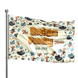 Personalized House Flag, Customized Family Last Name and Established Year, American Cowboy Garden Sign, Double Sided, Multiple Sizes, UV resistant, Polyester Garden Yard, Outdoor Decoration