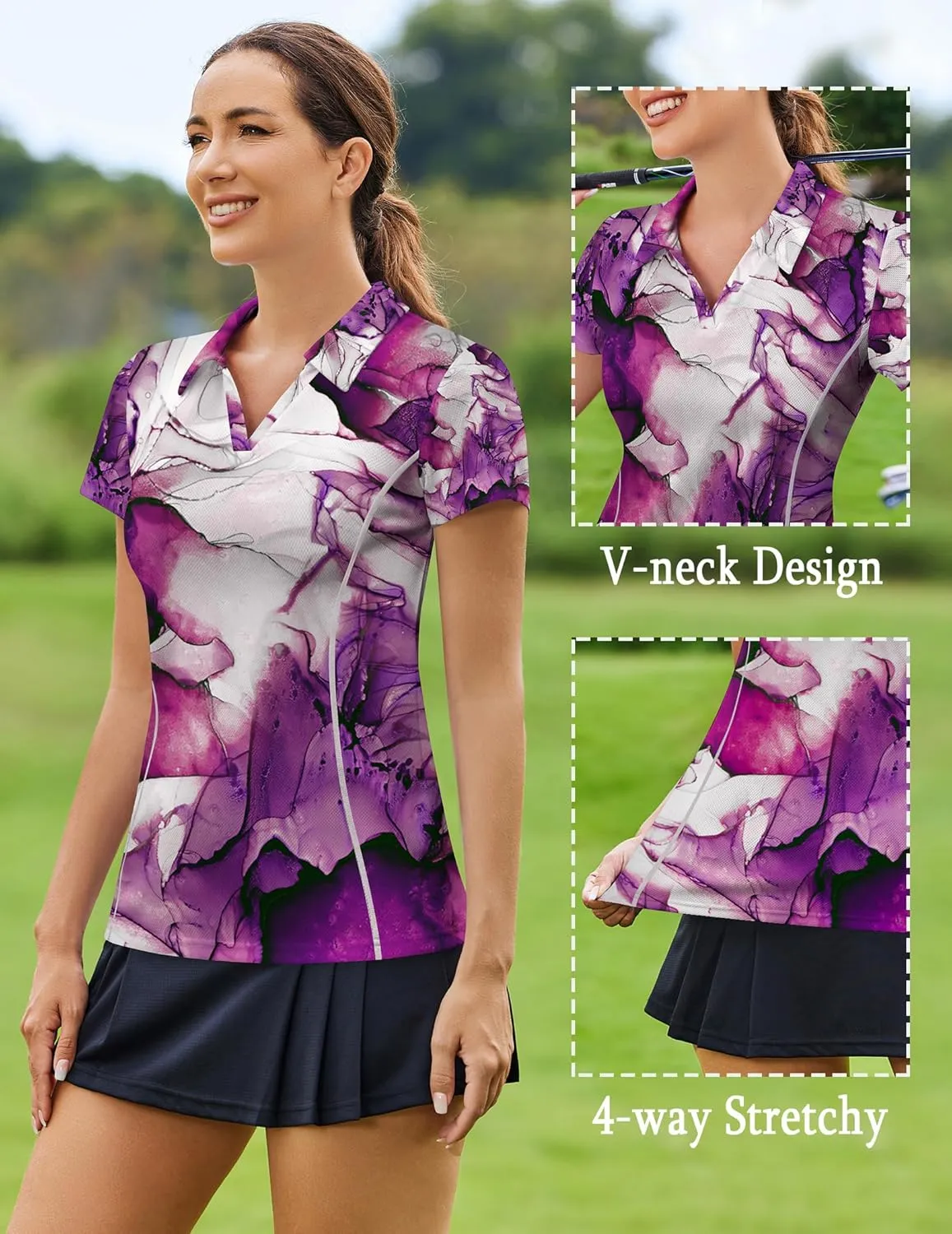 PINSPARK Womens Golf Shirt Short Sleeve Polo Shirts Quick Dry Tennis Tops V-Neck with Collar Pickleball Shirts Golf Outfits