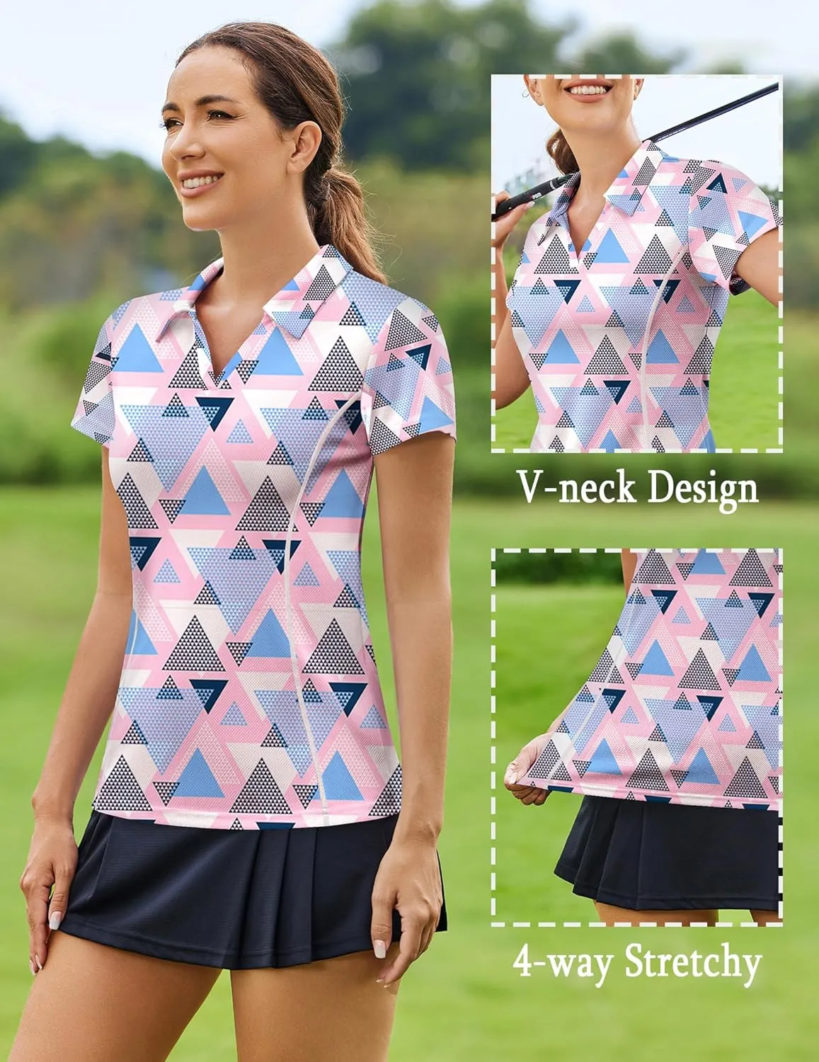PINSPARK Womens Golf Shirt Short Sleeve Polo Shirts Quick Dry Tennis Tops V-Neck with Collar Pickleball Shirts Golf Outfits