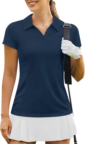 PINSPARK Womens Golf Shirt Short Sleeve Polo Shirts Quick Dry Tennis Tops V-Neck with Collar Pickleball Shirts Golf Outfits