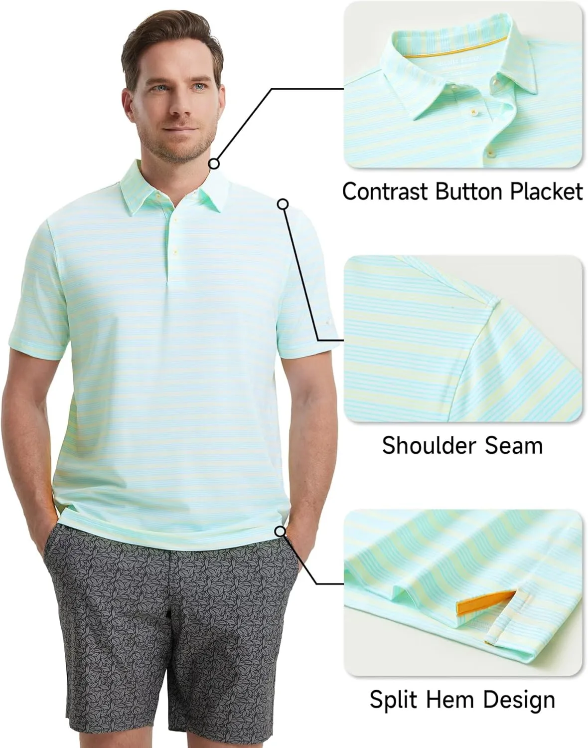 Rouen Men's Polo Shirts Short Sleeve Dry Fit Performance Wicking Moisture Causal Striped Collared Golf Shirts for Men