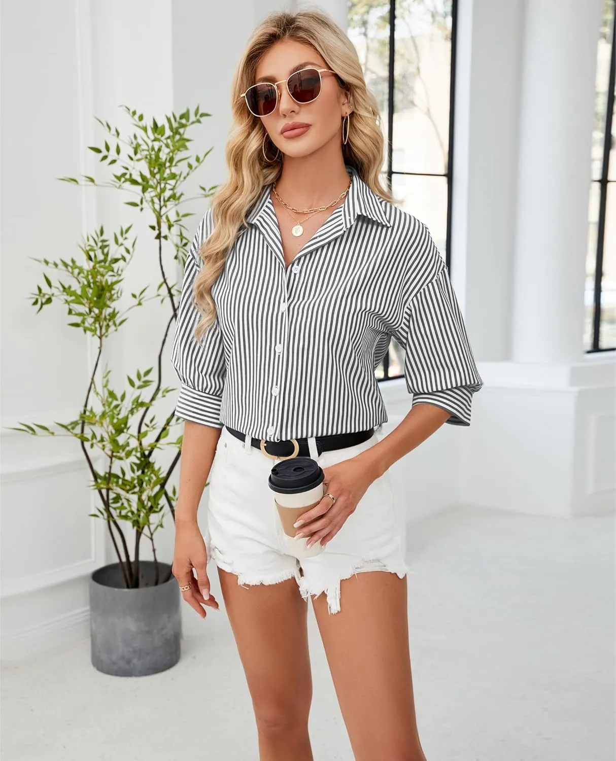 siliteelon Button Down Shirts for Women Striped Dress Shirts 3/4 Sleeve Wrinkle Free Casual Collared Blouse Office Work Shirt