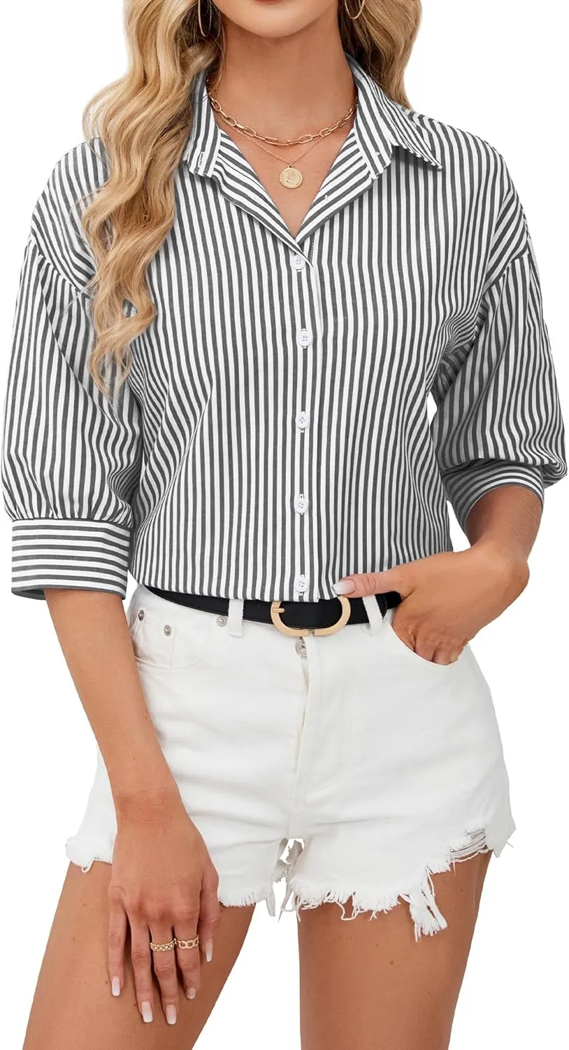 siliteelon Button Down Shirts for Women Striped Dress Shirts 3/4 Sleeve Wrinkle Free Casual Collared Blouse Office Work Shirt