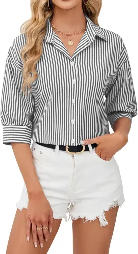 siliteelon Button Down Shirts for Women Striped Dress Shirts 3/4 Sleeve Wrinkle Free Casual Collared Blouse Office Work Shirt