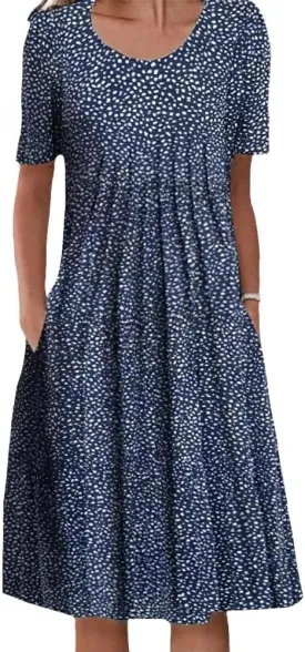 Summer Midi Dresses for Women 2024 Casual Short Sleeve Crewneck Front Pleated Swing T Shirt Dress with Pockets