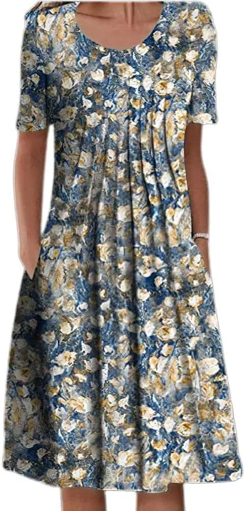Summer Midi Dresses for Women 2024 Casual Short Sleeve Crewneck Front Pleated Swing T Shirt Dress with Pockets