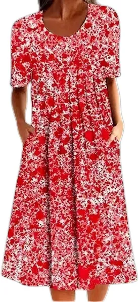 Summer Midi Dresses for Women 2024 Casual Short Sleeve Crewneck Front Pleated Swing T Shirt Dress with Pockets