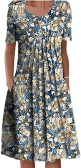 Summer Midi Dresses for Women 2024 Casual Short Sleeve Crewneck Front Pleated Swing T Shirt Dress with Pockets