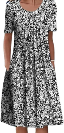 Summer Midi Dresses for Women 2024 Casual Short Sleeve Crewneck Front Pleated Swing T Shirt Dress with Pockets