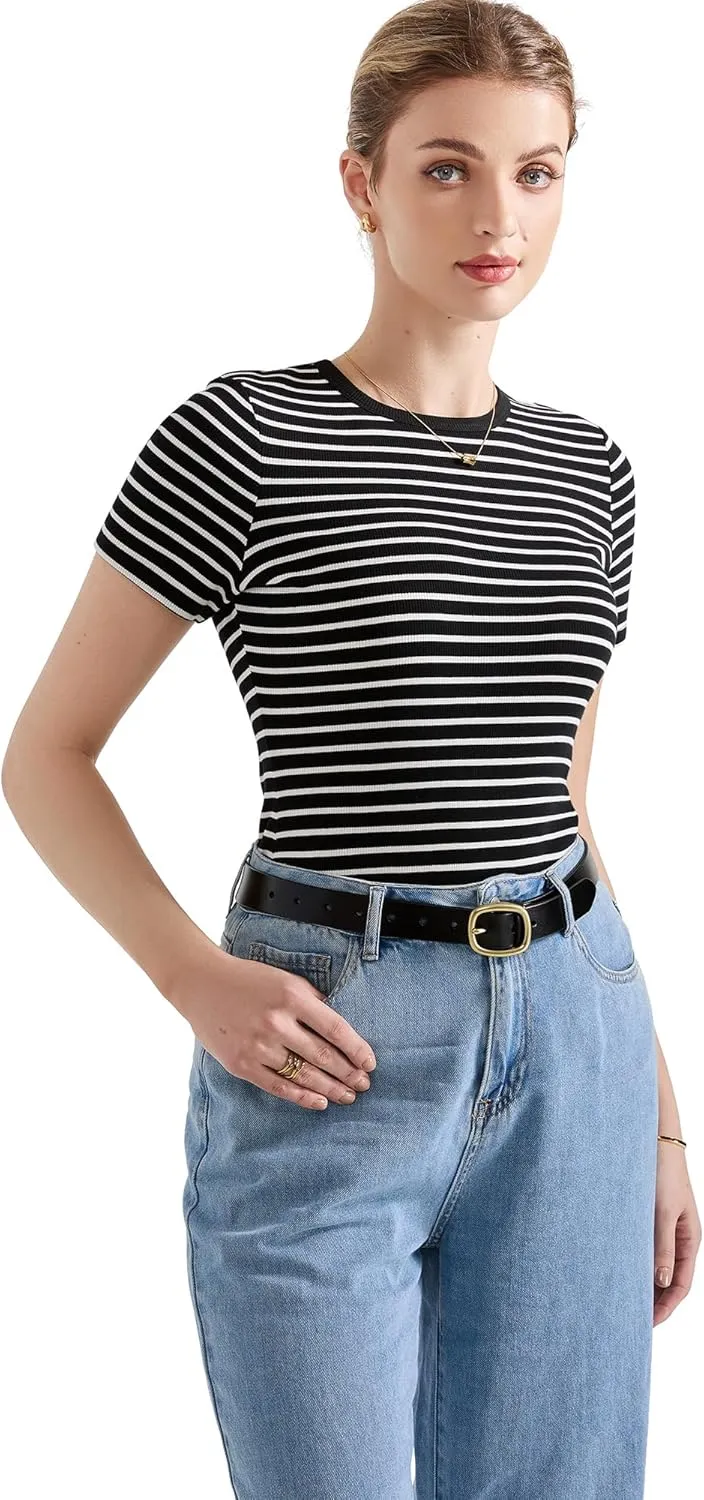 SUUKSESS Women Ribbed Striped Short Sleeve Slim Fit Tops Summer Crew Neck Color Block Going Out T Shirt