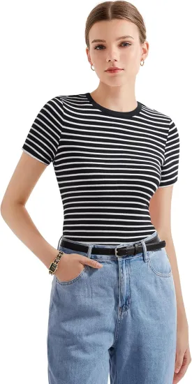 SUUKSESS Women Ribbed Striped Short Sleeve Slim Fit Tops Summer Crew Neck Color Block Going Out T Shirt