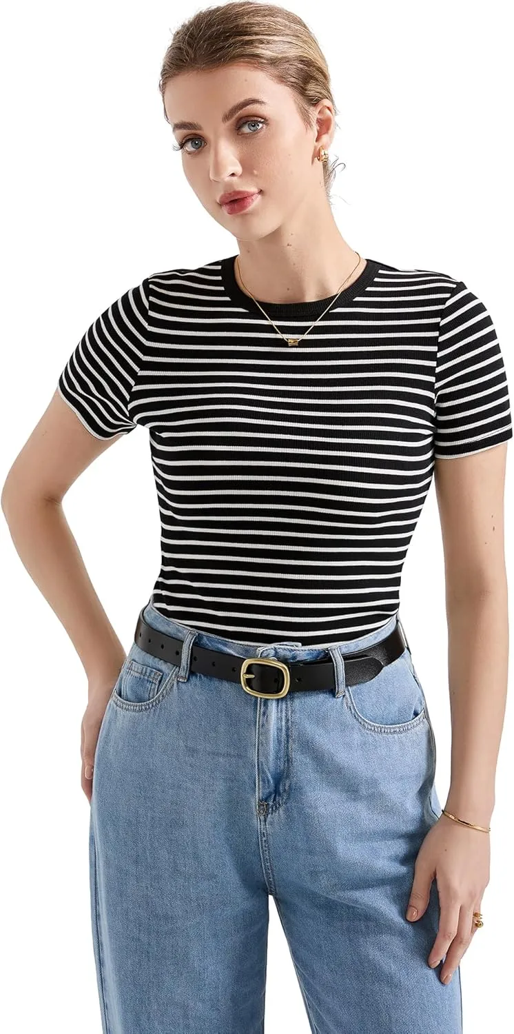 SUUKSESS Women Ribbed Striped Short Sleeve Slim Fit Tops Summer Crew Neck Color Block Going Out T Shirt
