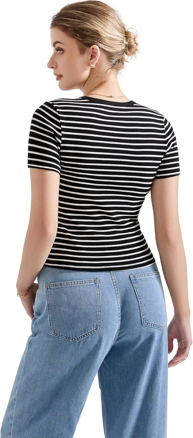 SUUKSESS Women Ribbed Striped Short Sleeve Slim Fit Tops Summer Crew Neck Color Block Going Out T Shirt