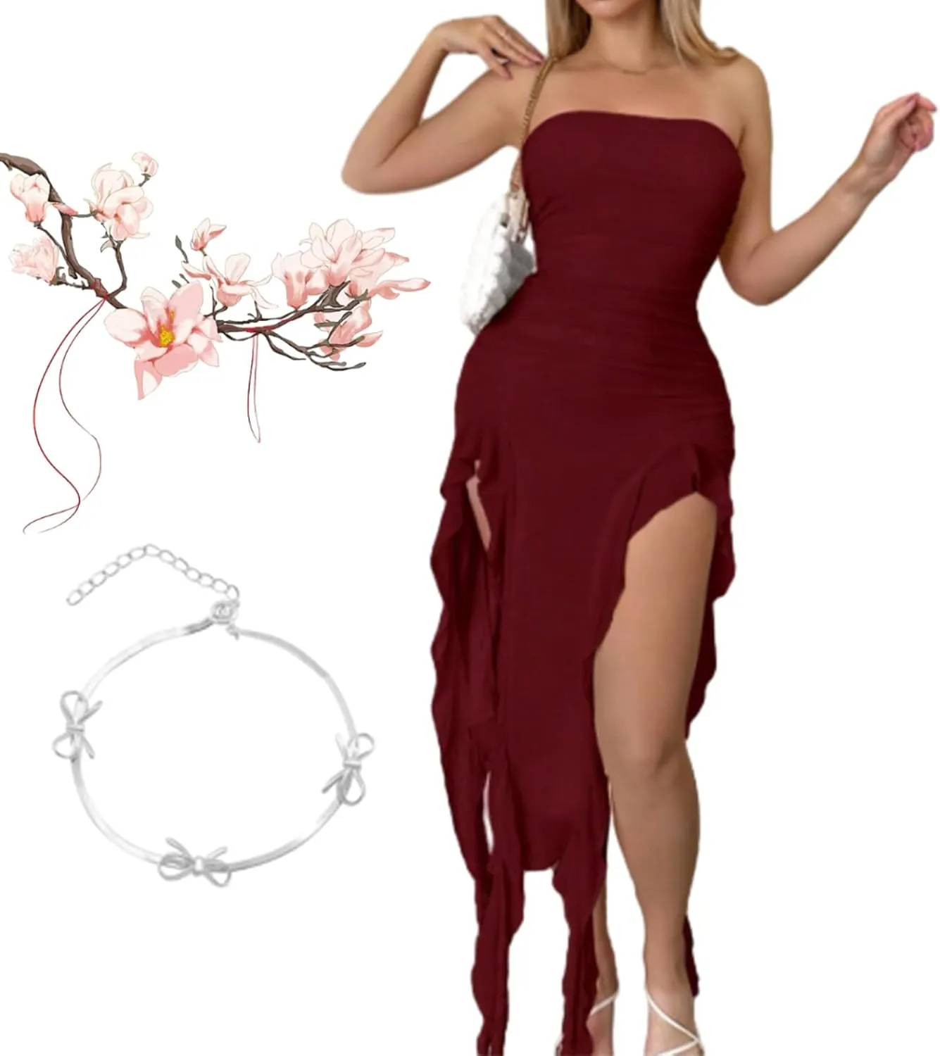 Sweetina Ruched Asymmetrical Hem Tube Dress, Women Summer Elegant Strapless Tube Midi Bodycon Dresses