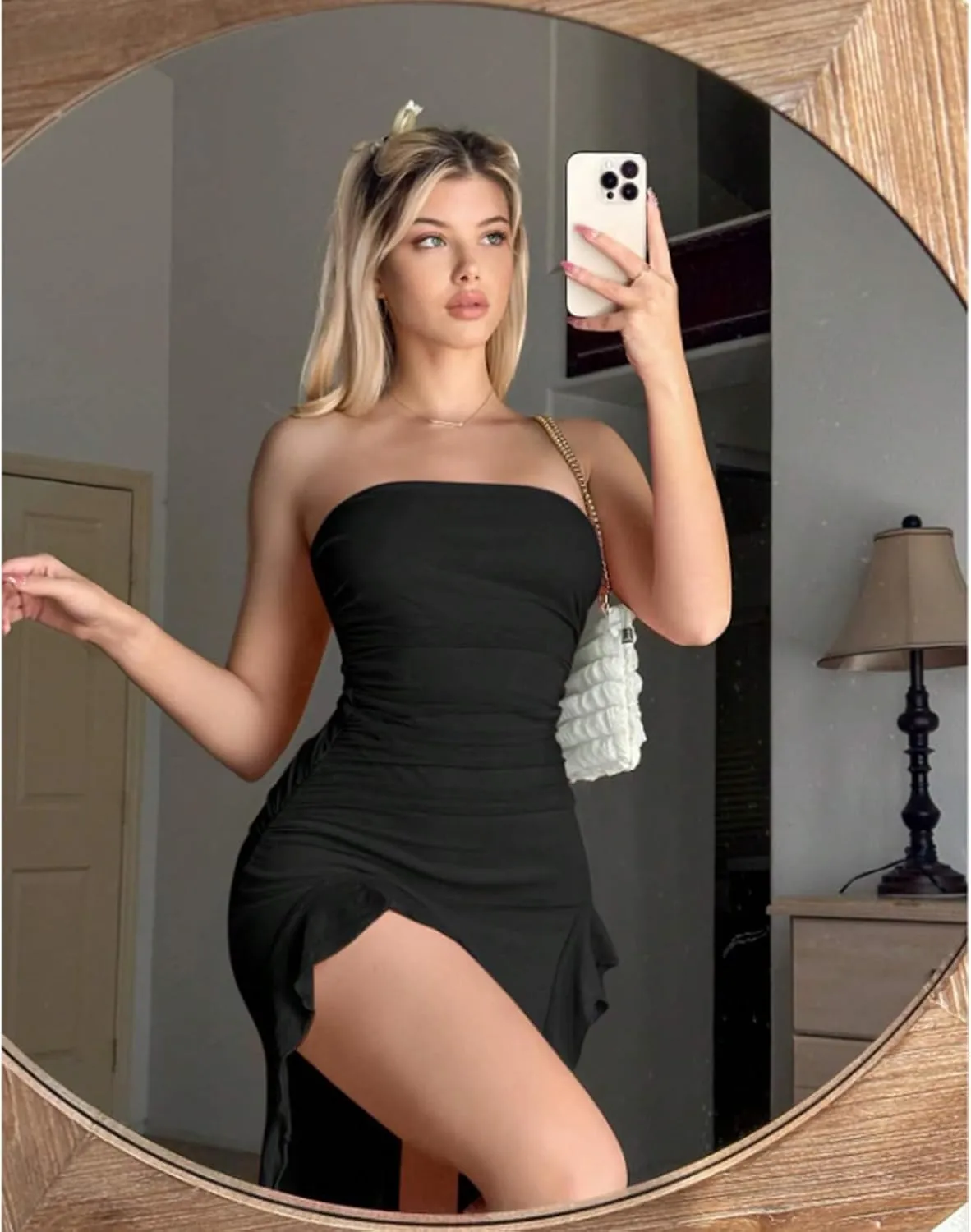 Sweetina Ruched Asymmetrical Hem Tube Dress, Women Summer Elegant Strapless Tube Midi Bodycon Dresses