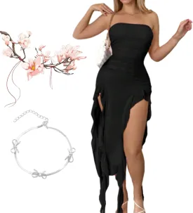 Sweetina Ruched Asymmetrical Hem Tube Dress, Women Summer Elegant Strapless Tube Midi Bodycon Dresses