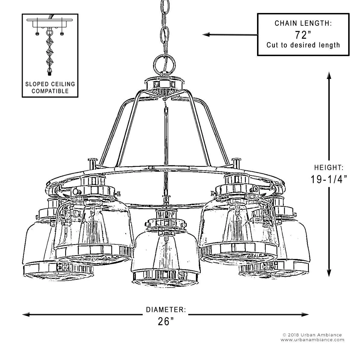 UHP2531 Luxe Industrial Chandelier, 19.25"H x 26"W, Olde Bronze Finish, Nottingham Collection