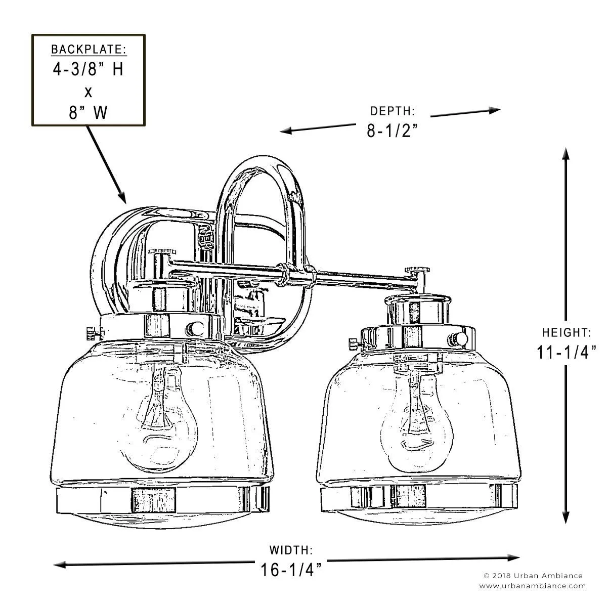 UHP2536 Luxe Industrial Bathroom Vanity Light, 11.25"H x 16.25"W, Polished Nickel Finish, Nottingham Collection