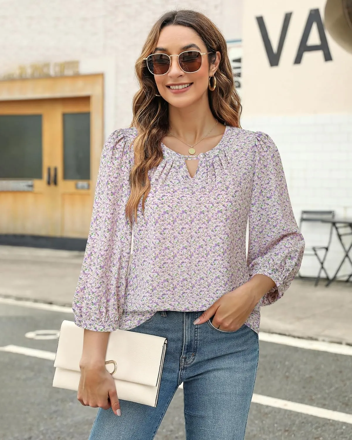 VALOLIA Women's 3/4 Sleeve Dressy Blouses Shirts Business Casual Work Chiffon Tunic Tops