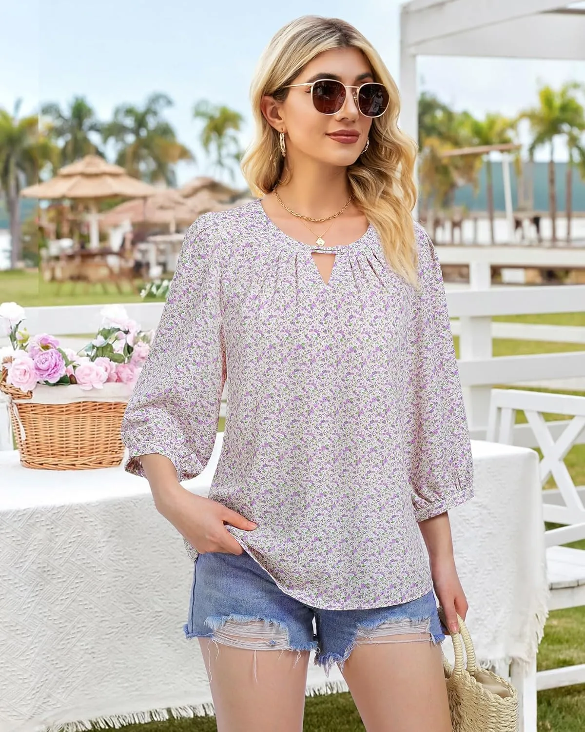 VALOLIA Women's 3/4 Sleeve Dressy Blouses Shirts Business Casual Work Chiffon Tunic Tops