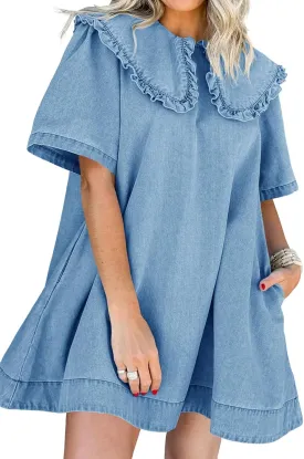 Wenrine Womens Summer Denim Mini Dress Oversized Peter Pan Collar Short Sleeve Casual Flowy Babydoll Jean Dresses