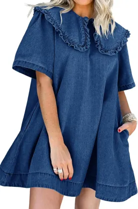 Wenrine Womens Summer Denim Mini Dress Oversized Peter Pan Collar Short Sleeve Casual Flowy Babydoll Jean Dresses