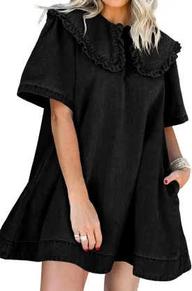 Wenrine Womens Summer Denim Mini Dress Oversized Peter Pan Collar Short Sleeve Casual Flowy Babydoll Jean Dresses