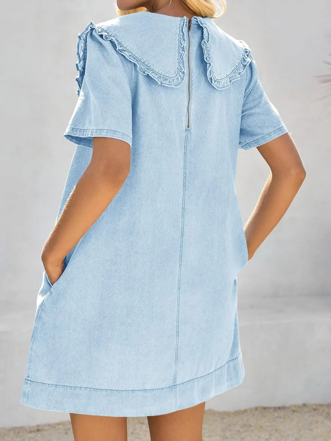 Wenrine Womens Summer Denim Mini Dress Oversized Peter Pan Collar Short Sleeve Casual Flowy Babydoll Jean Dresses