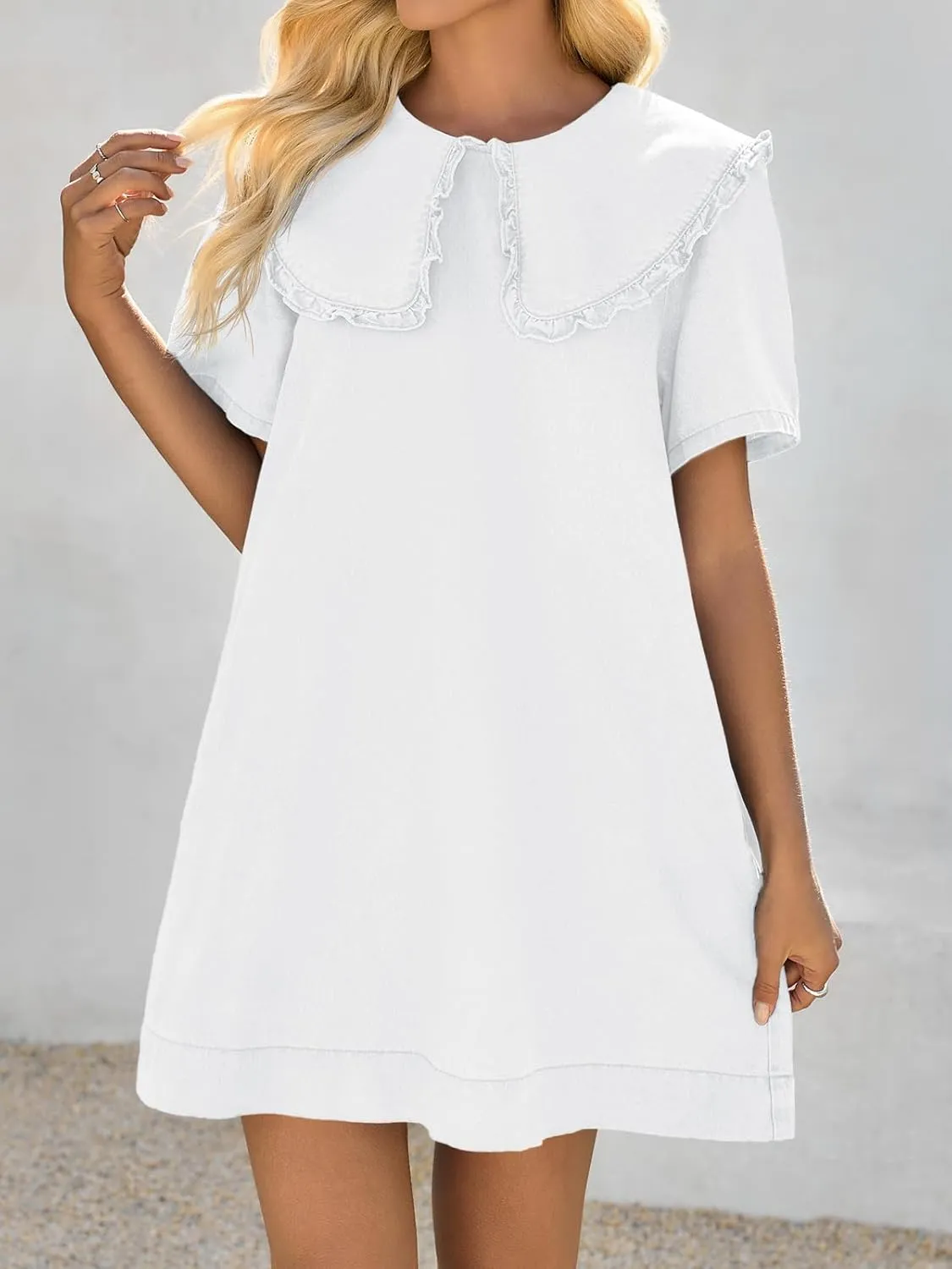 Wenrine Womens Summer Denim Mini Dress Oversized Peter Pan Collar Short Sleeve Casual Flowy Babydoll Jean Dresses