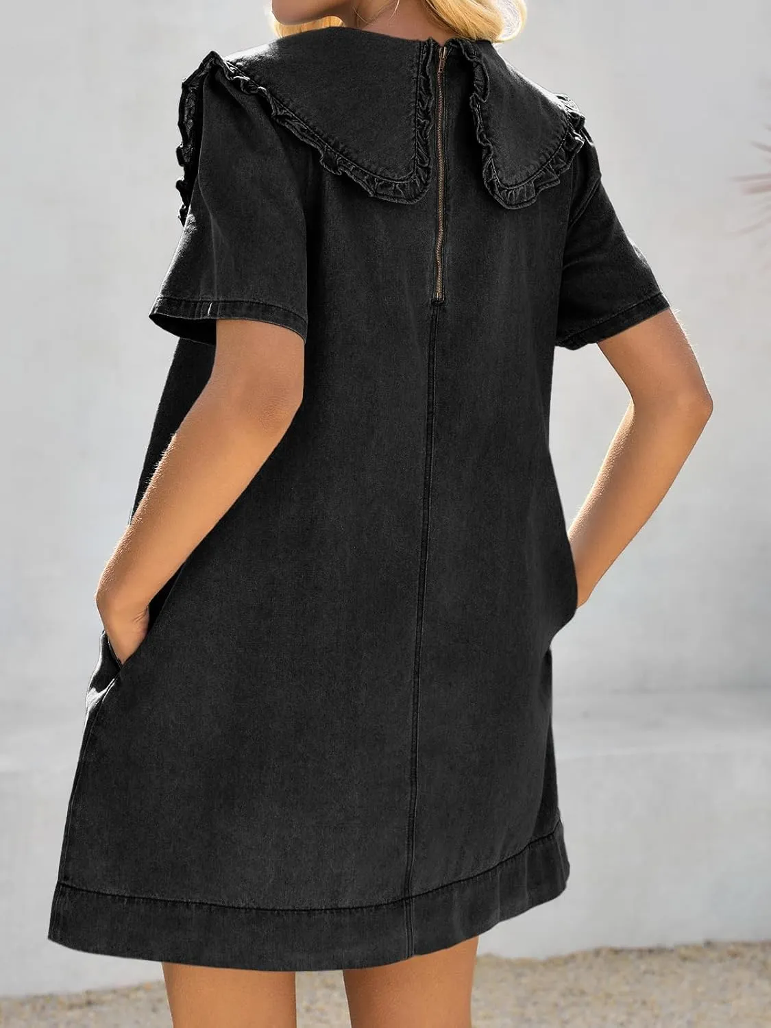 Wenrine Womens Summer Denim Mini Dress Oversized Peter Pan Collar Short Sleeve Casual Flowy Babydoll Jean Dresses