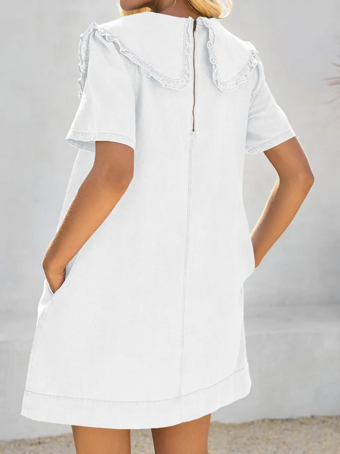 Wenrine Womens Summer Denim Mini Dress Oversized Peter Pan Collar Short Sleeve Casual Flowy Babydoll Jean Dresses