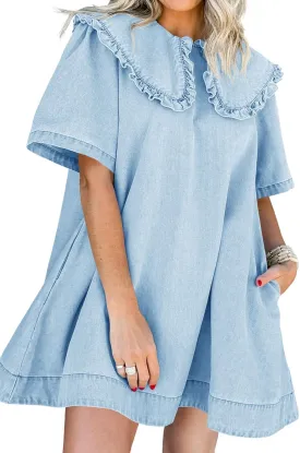 Wenrine Womens Summer Denim Mini Dress Oversized Peter Pan Collar Short Sleeve Casual Flowy Babydoll Jean Dresses