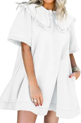 Wenrine Womens Summer Denim Mini Dress Oversized Peter Pan Collar Short Sleeve Casual Flowy Babydoll Jean Dresses