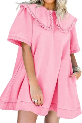 Wenrine Womens Summer Denim Mini Dress Oversized Peter Pan Collar Short Sleeve Casual Flowy Babydoll Jean Dresses