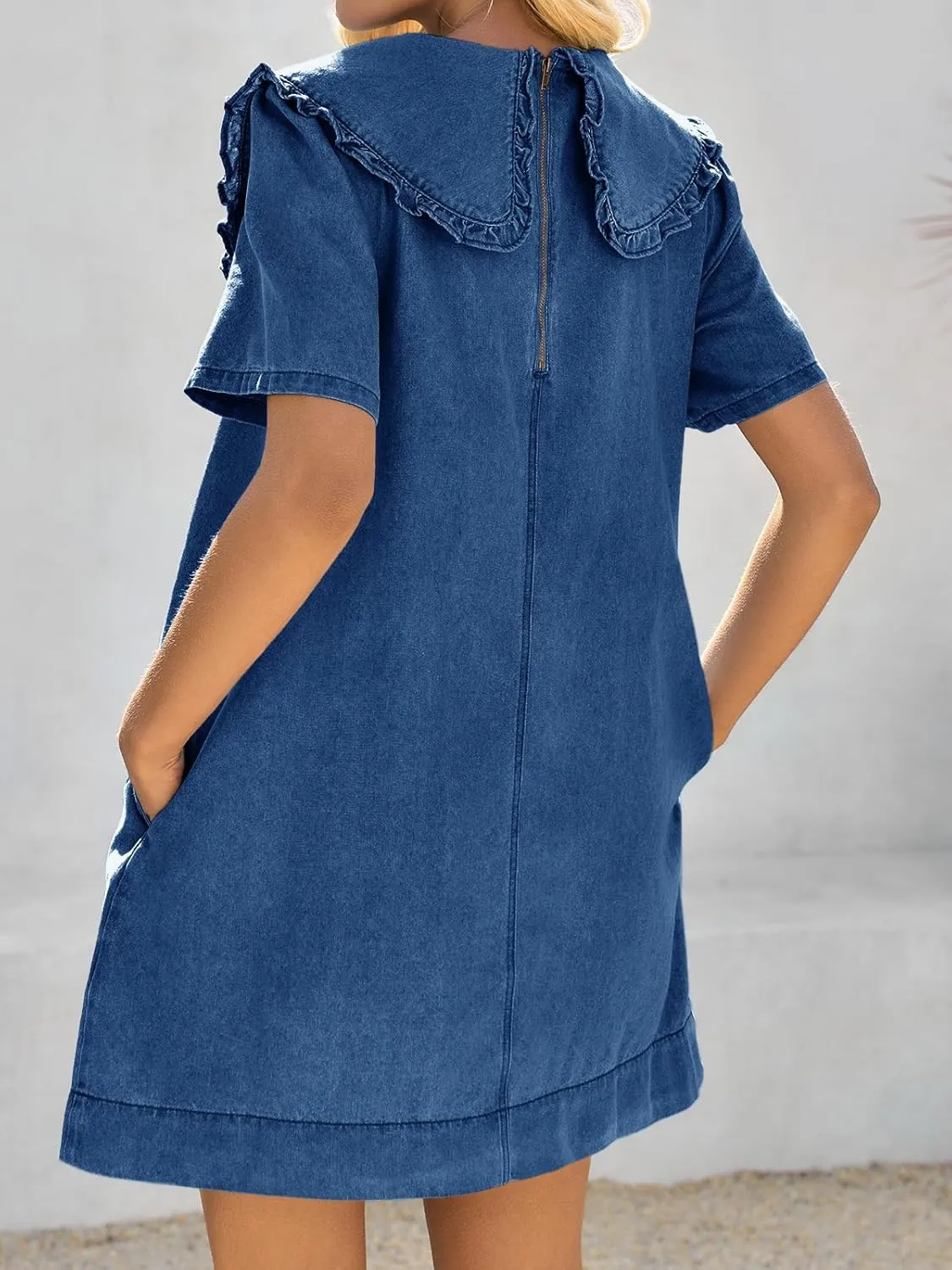 Wenrine Womens Summer Denim Mini Dress Oversized Peter Pan Collar Short Sleeve Casual Flowy Babydoll Jean Dresses
