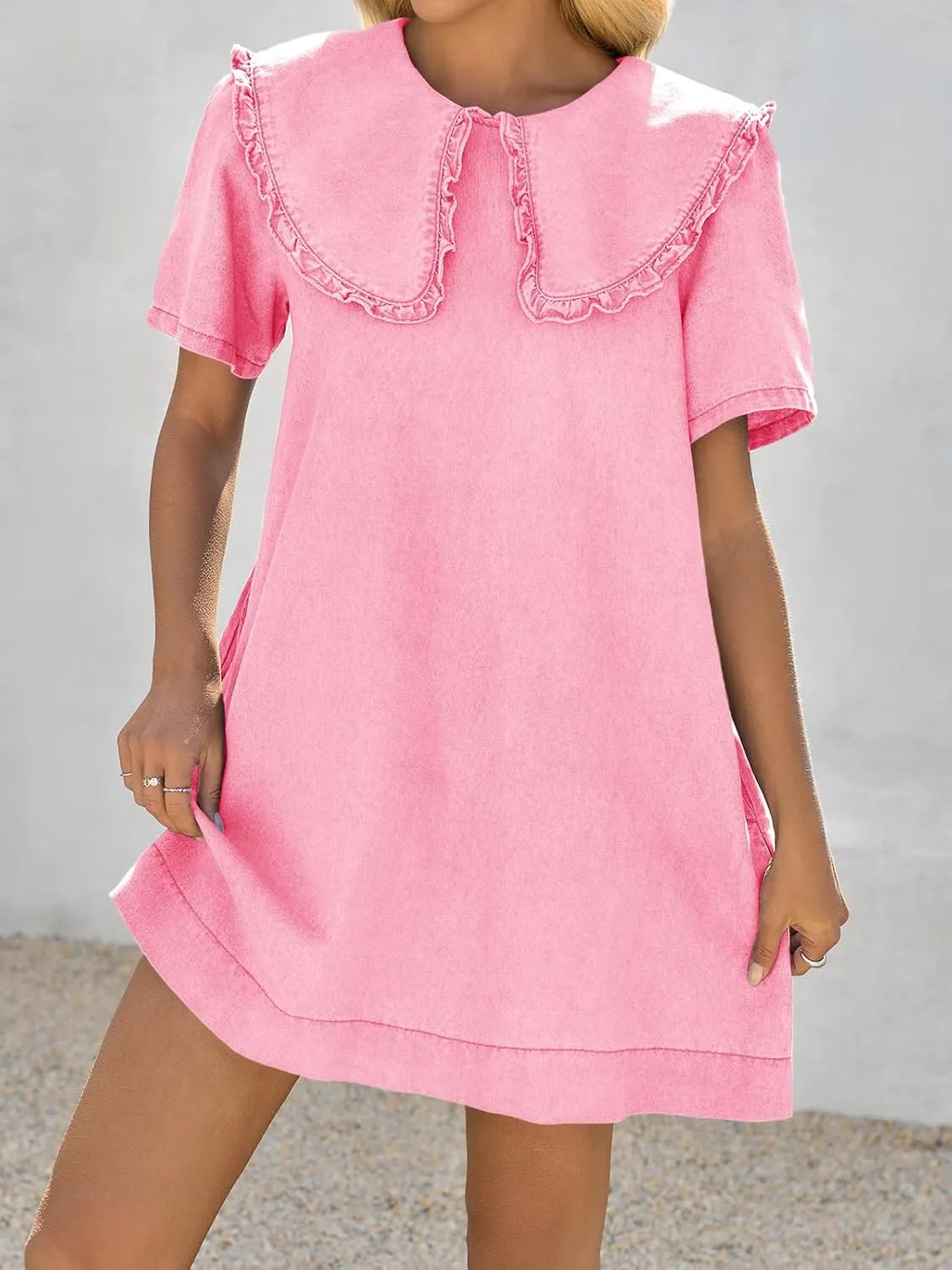 Wenrine Womens Summer Denim Mini Dress Oversized Peter Pan Collar Short Sleeve Casual Flowy Babydoll Jean Dresses