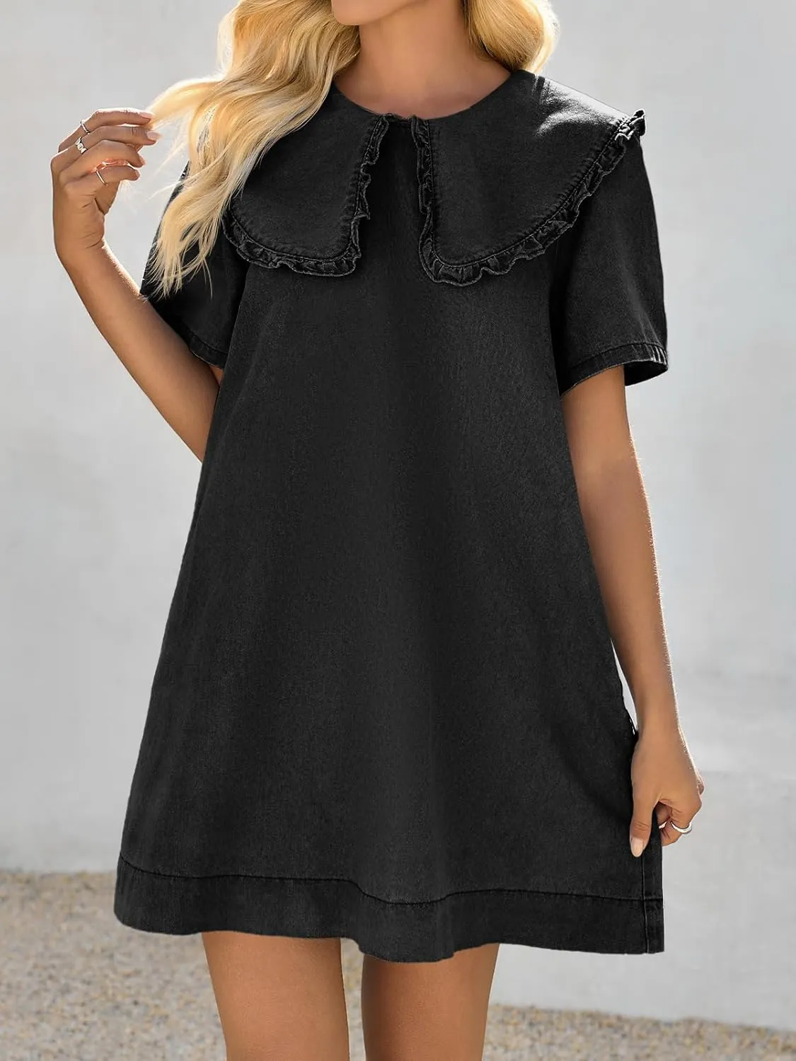 Wenrine Womens Summer Denim Mini Dress Oversized Peter Pan Collar Short Sleeve Casual Flowy Babydoll Jean Dresses