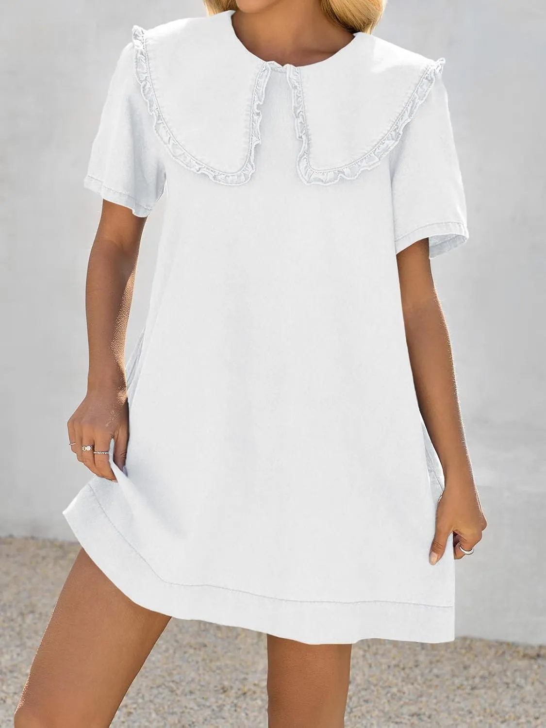 Wenrine Womens Summer Denim Mini Dress Oversized Peter Pan Collar Short Sleeve Casual Flowy Babydoll Jean Dresses