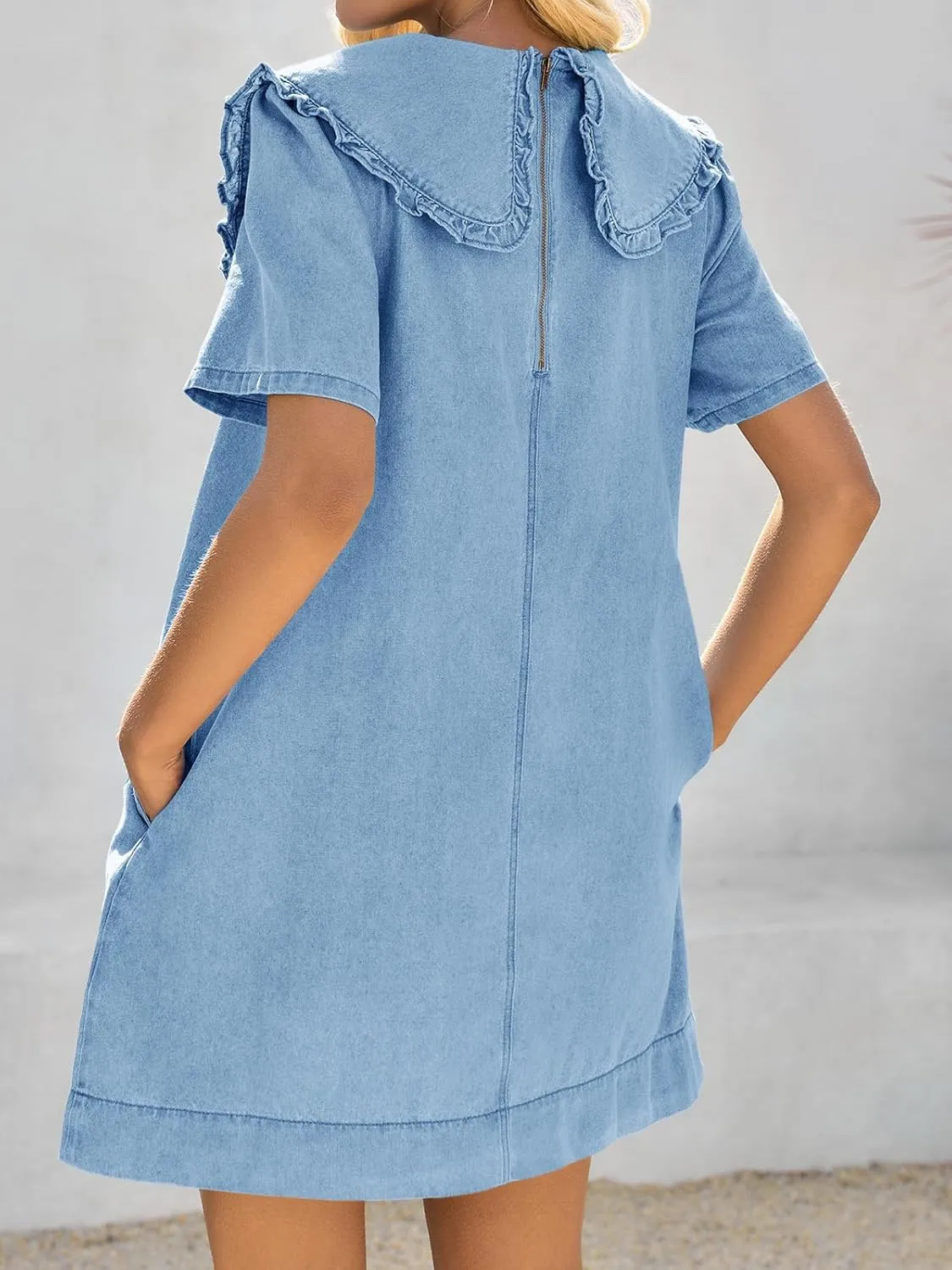 Wenrine Womens Summer Denim Mini Dress Oversized Peter Pan Collar Short Sleeve Casual Flowy Babydoll Jean Dresses
