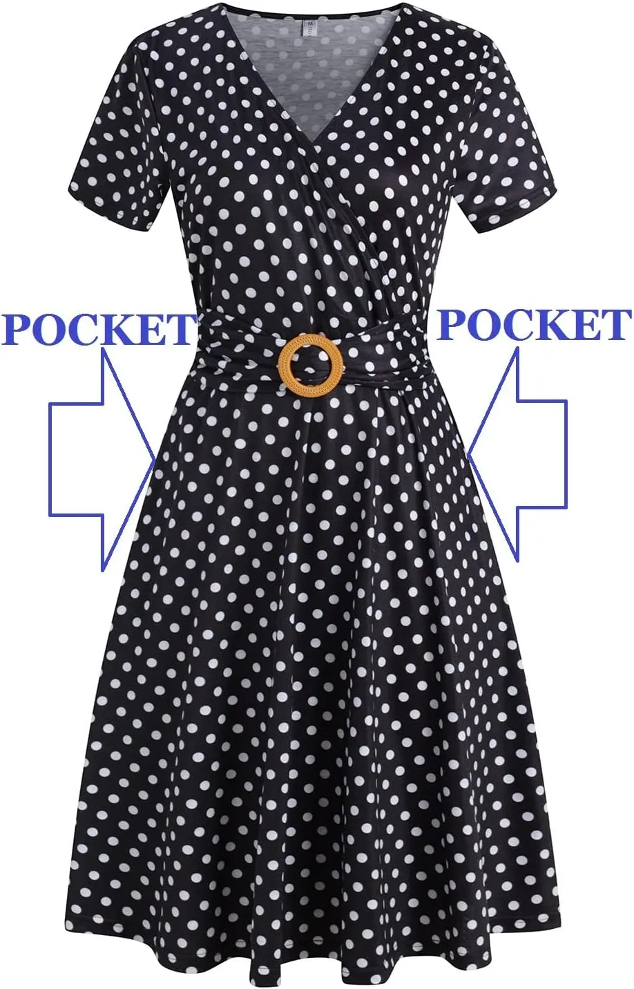 Women's Elegant Criss-Cross V Neck Vintage Short Sleeve Work Casual Fit and Flare Tea Dress with Pockets 980