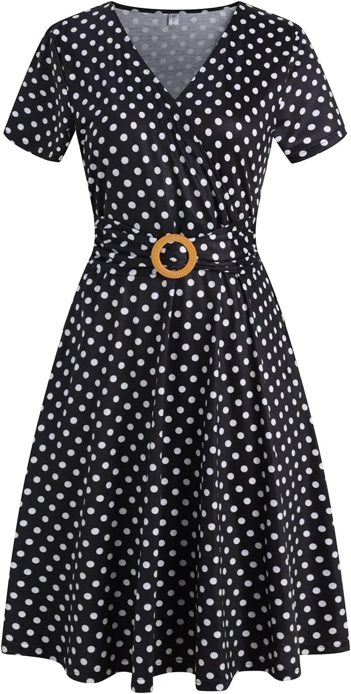 Women's Elegant Criss-Cross V Neck Vintage Short Sleeve Work Casual Fit and Flare Tea Dress with Pockets 980