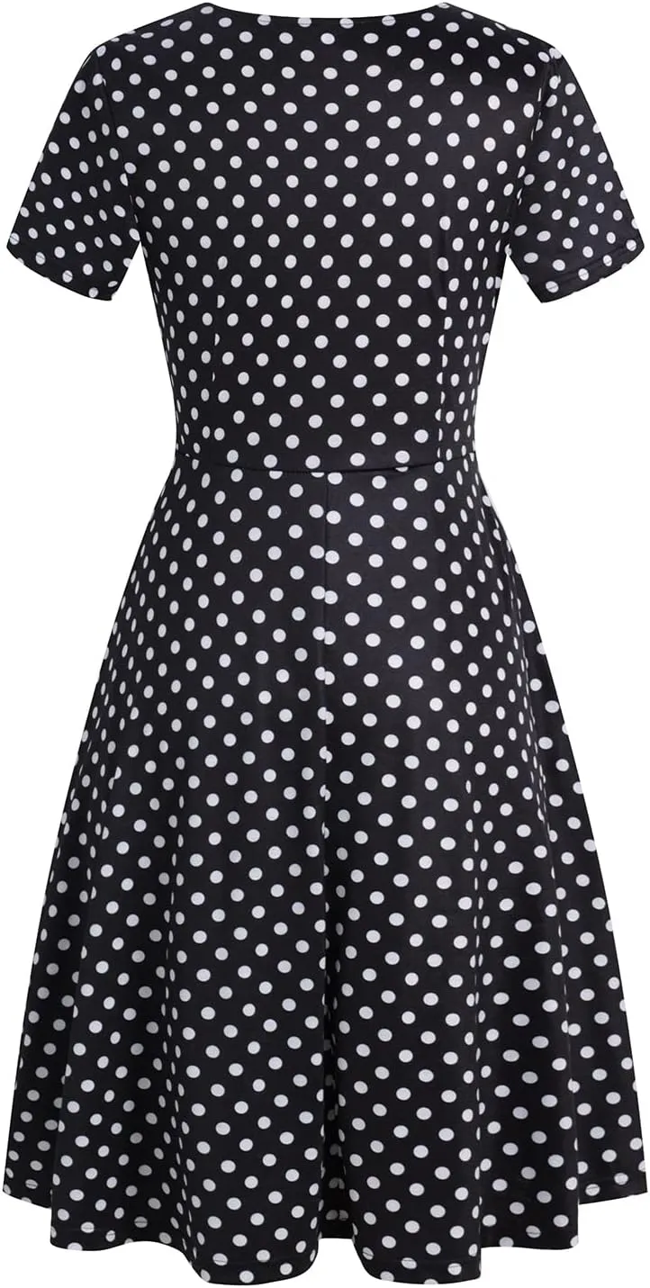 Women's Elegant Criss-Cross V Neck Vintage Short Sleeve Work Casual Fit and Flare Tea Dress with Pockets 980