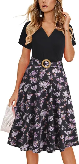 Women's Elegant Criss-Cross V Neck Vintage Short Sleeve Work Casual Fit and Flare Tea Dress with Pockets 980