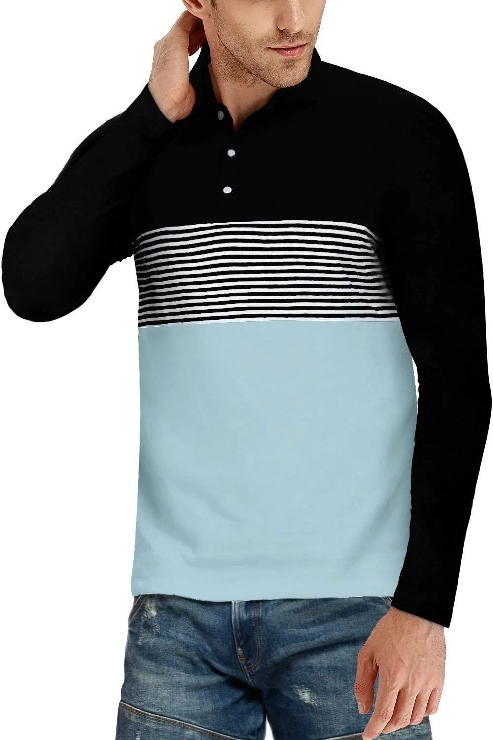 YTD Men's Short Sleeve Polo Shirts Casual Slim Fit Contrast Color Stitching Stripe Cotton Shirts